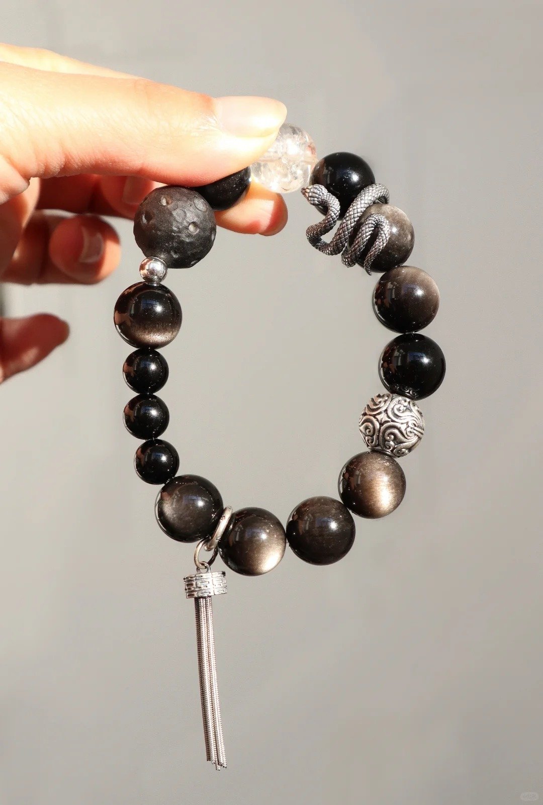 Held Double-Eye Silver Sheen Obsidian & Black Tourmaline Bracelet, Multi-Gem Edge, Water-Metal Shows Dark Awakening