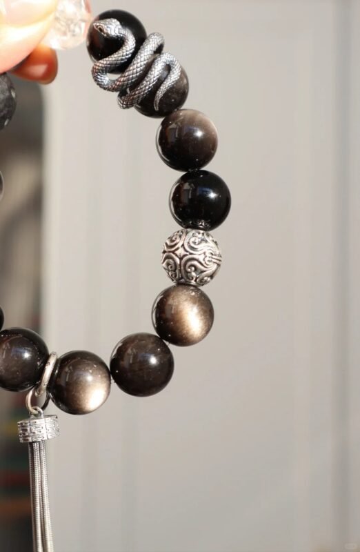 Close-Up of Double-Eye Silver Sheen Obsidian & Silver Bracelet, Totem Edginess, Water-Metal Empowers Fate Breakthrough