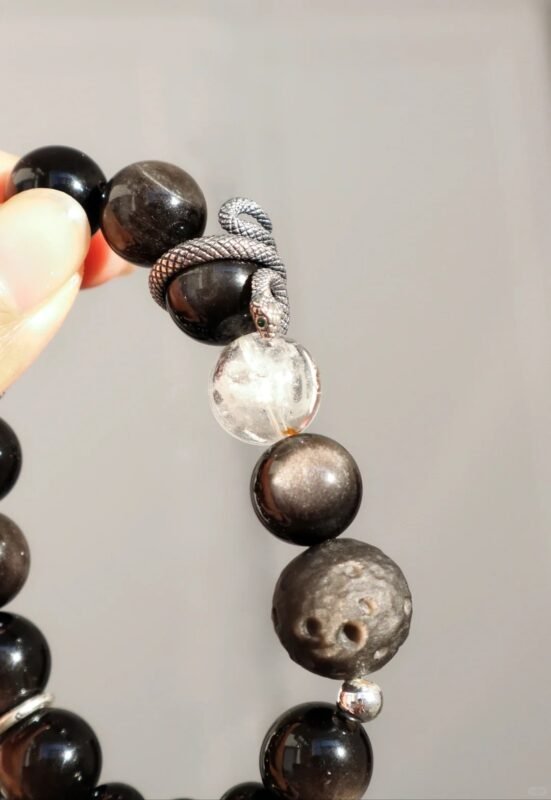 Detail of Double-Eye Silver Sheen Obsidian Bracelet, Silver Snake Wrapping Black Tourmaline, Herkimer Diamond Accent, Water-Metal Hides Transformation Whispers