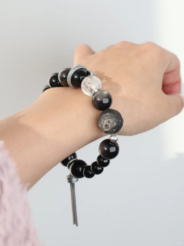 Worn Double-Eye Silver Sheen Obsidian & Black Tourmaline & Herkimer Diamond Bracelet with Silver Snake, Water-Metal Energy Unleashes Dark Power