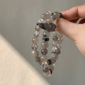 Worn Grey Rabbit Hair Quartz & Agate Bracelet, Multi-Gem Edge, Earth-Water-Metal Hides Spiritual Whispers