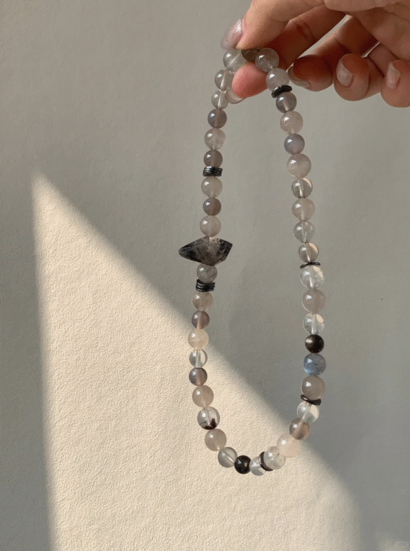 Display of Grey Rabbit Hair Quartz & Agate & Herkimer Diamond Bracelet, Grey-Tone Zen Aesthetic, Earth-Water-Metal Energy Unleashes Calm Power