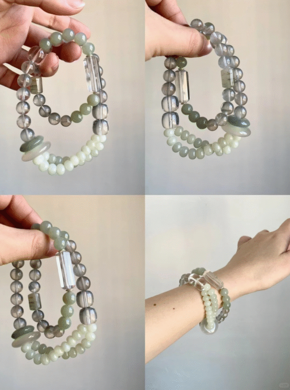 Overall Worn Look of Rabbit Hair Quartz & Hetian Jade Bracelet, Neo-Chinese Elegance, Earth-Water-Metal-Wood Awakens Eastern Spirit