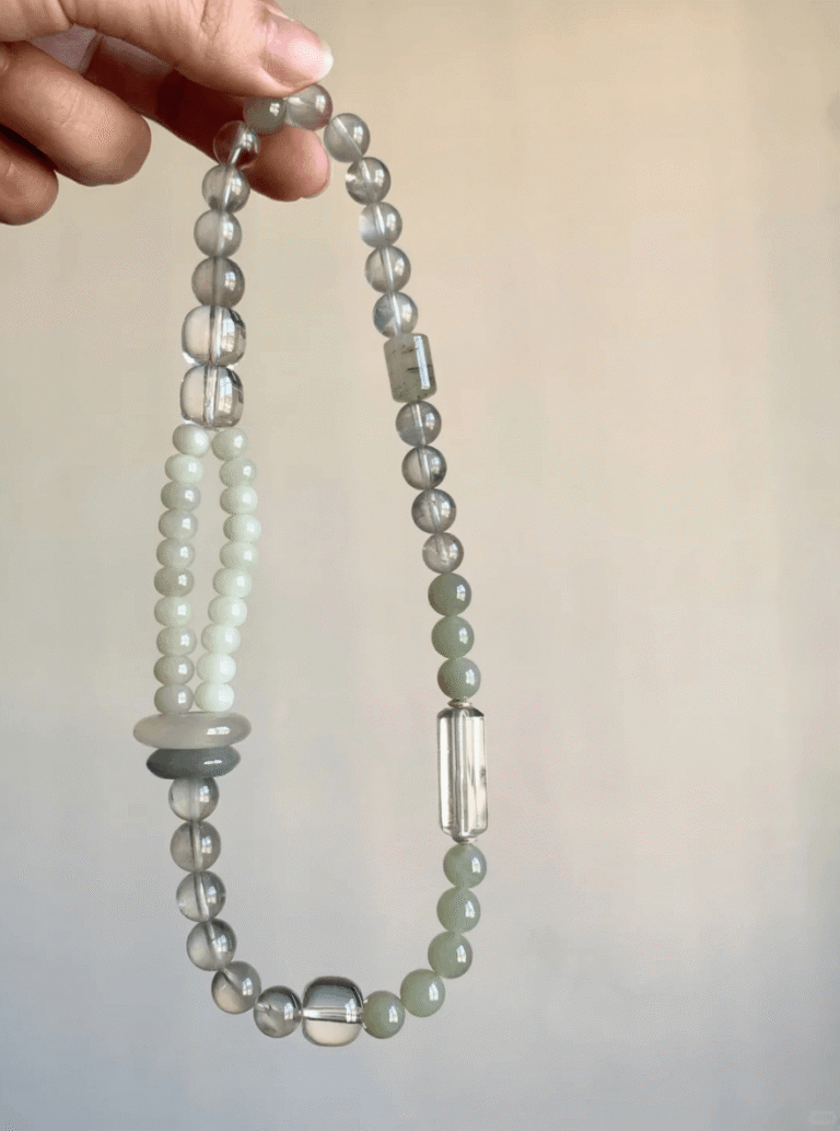 Display of Multi-Layered Rabbit Hair Quartz & Hetian Jade Bracelet, 7-12mm Size, Earth-Water-Metal-Wood Hides Eastern Whispers