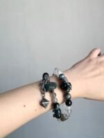 Worn Hawk’s Eye & Grey Rabbit Hair Quartz Bracelet, Ink-Wash Landscape Vibe, Fire-Earth-Water-Metal Energy Unleashes Insight Power