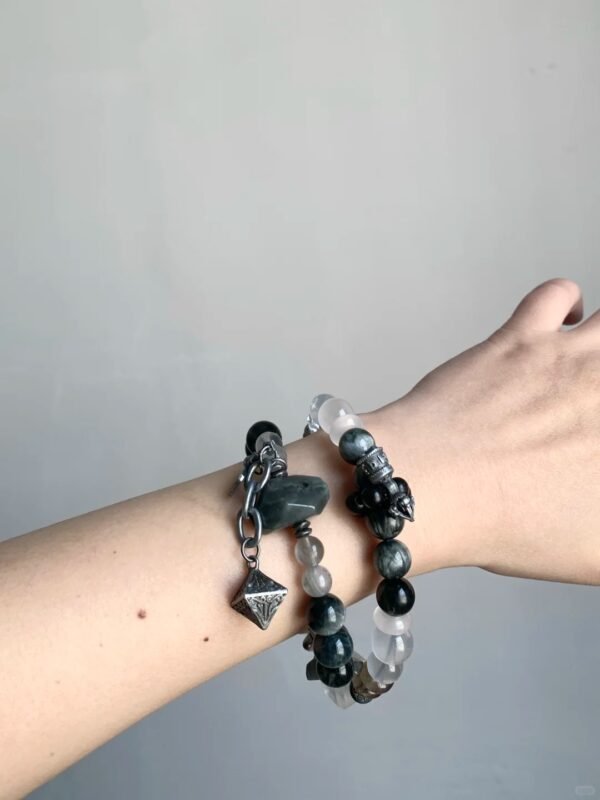 Worn Hawk’s Eye & Grey Rabbit Hair Quartz Bracelet, Ink-Wash Landscape Vibe, Fire-Earth-Water-Metal Energy Unleashes Insight Power