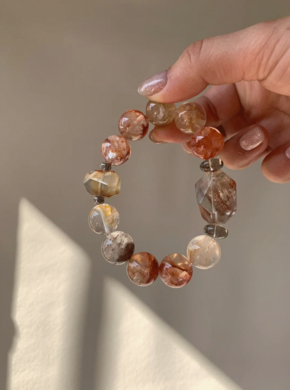 Worn Phantom Quartz & Rabbit Hair Quartz & Enhydro Quartz Bracelet, 14mm Neo-Chinese Design, Fire-Earth-Metal Energy Ignites Creative Awakening