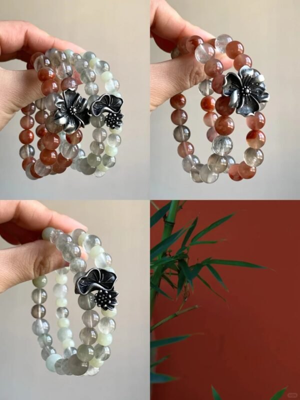 Layered Green Rabbit Hair & Hetian Jade Bracelet, Silver Lotus Totem, Wood-Earth-Metal Energy Ignites Spiritual Awakening