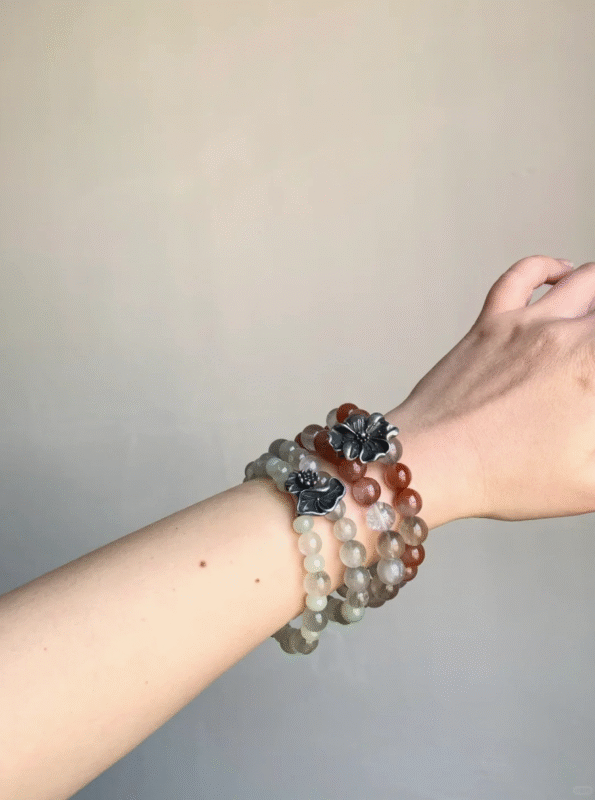 Worn Southern Red Agate & Grey Rabbit Hair Bracelet on Wrist, Fire Element Boosts Ambition, Aura Burns Like Flame
