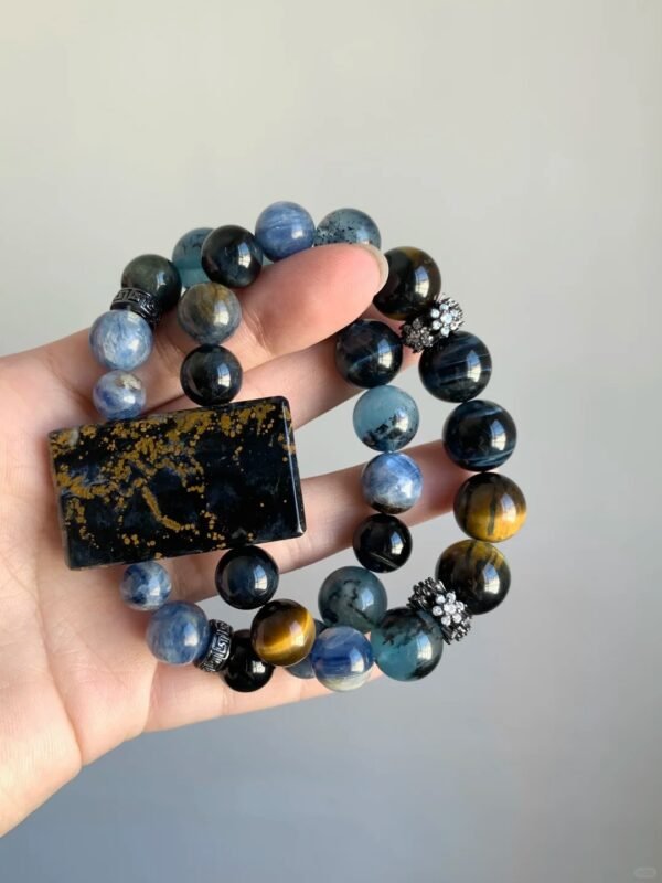 Close-Up of Bracelet Details, Tiger Eye Gold Veins Shine, Earth Element Calms Mind, Emotions Settle Like Sand