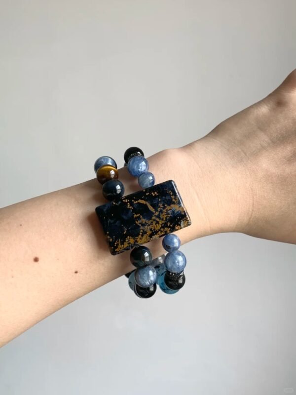 Worn "Deep Blue Sea 3.0" Bracelet on Wrist, Kyanite & Aquamarine Weave, Water Element Boosts Intuition, Aura Flows Like Waves