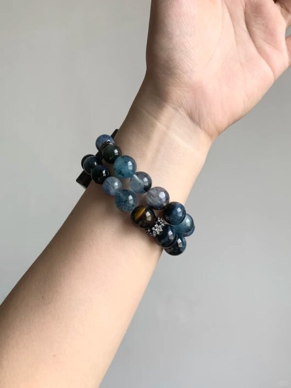 Layered "Deep Blue Sea 3.0" Bracelet, Pietersite & Tiger Eye & Kyanite & Aquamarine with 925 Silver, Water-Fire-Wood-Earth-Metal Energy Ignites Ocean Spirit