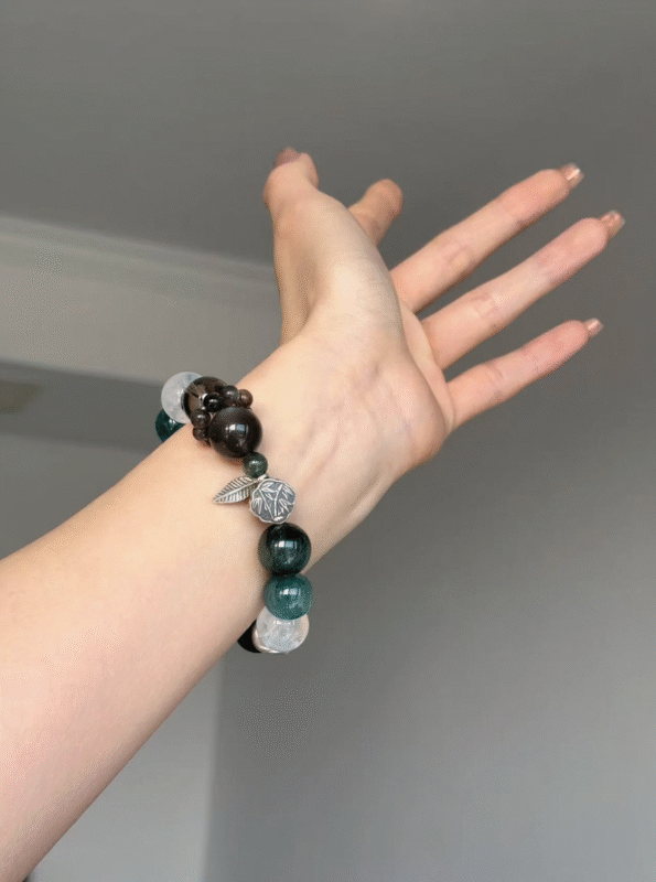Bracelet Worn on Wrist, Smoky Quartz & Black Moonstone Echo, Earth-Metal Energy Calms Mind