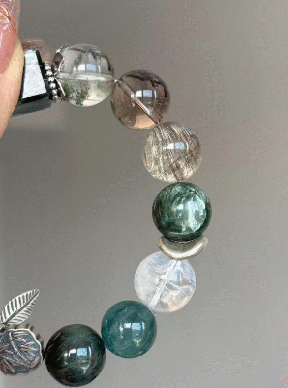 Partial Close-Up of Bracelet, Blue Needle & Green Rutilated Quartz Texture, Water-Metal Energy Boosts Intuition
