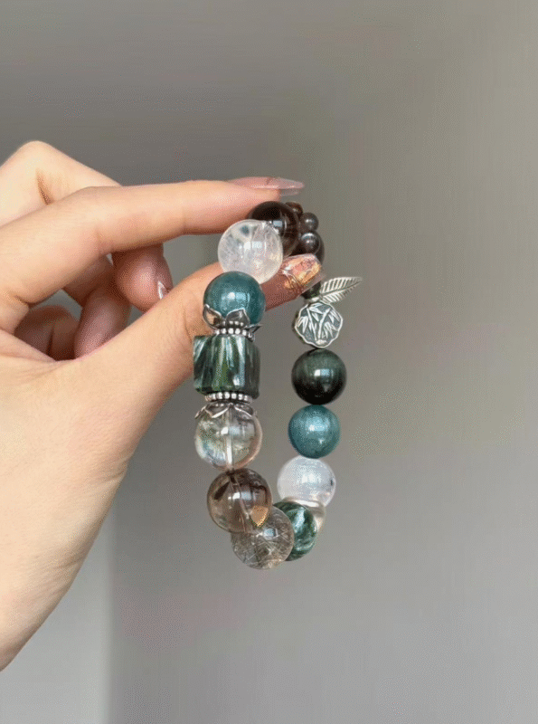 Close-Up of Blue-Green Crystal & Green Phantom Bracelet, 925 Silver Leaf Accent, Metal-Water-Wood Energy Awakening