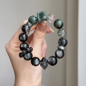 Detail of Wood-Water "Pine Mist" Bracelet, Herkimer Diamond & Gold Luck Stone Accents, Wood-Water-Metal Cycle Drives