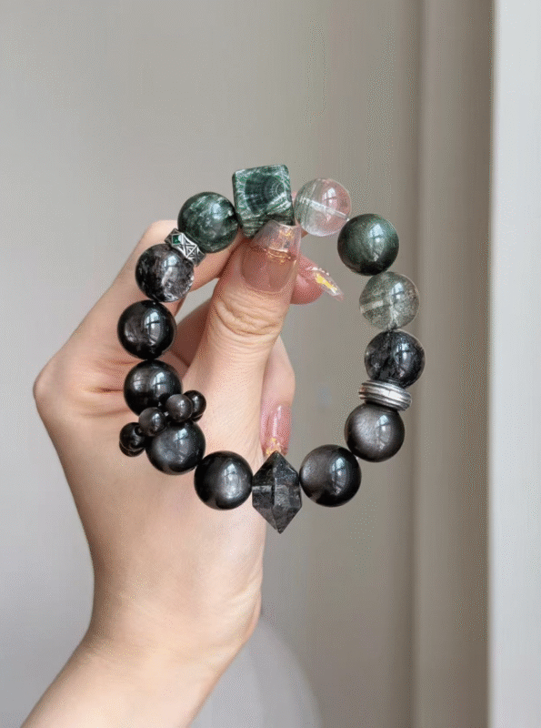 Detail of Wood-Water "Pine Mist" Bracelet, Herkimer Diamond & Gold Luck Stone Accents, Wood-Water-Metal Cycle Drives