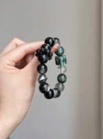 Close-Up of Wood-Water "Pine Mist" Bracelet, Green Phantom & Silver Obsidian Weave, Wood-Water Energy Awakening