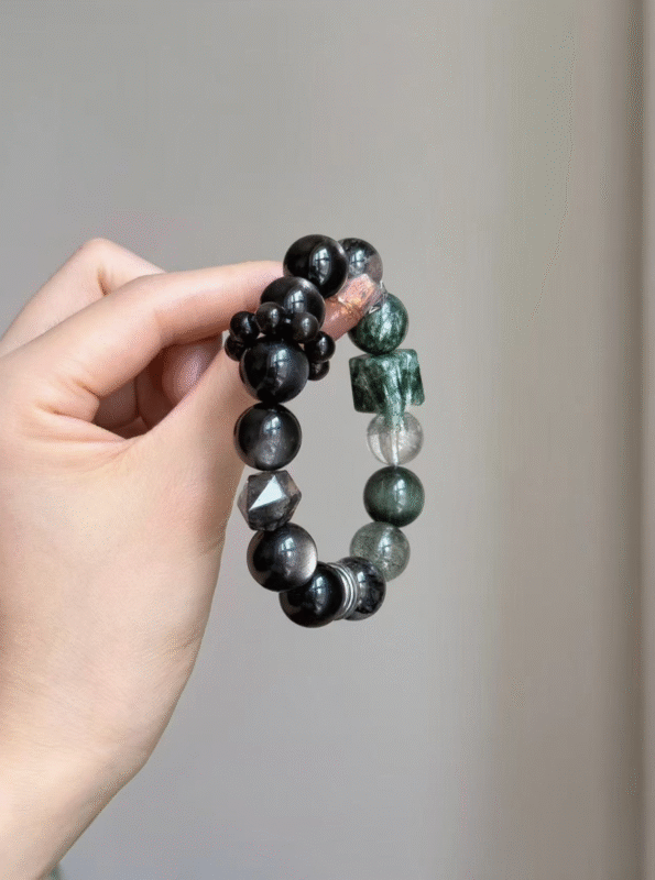 Close-Up of Wood-Water "Pine Mist" Bracelet, Green Phantom & Silver Obsidian Weave, Wood-Water Energy Awakening