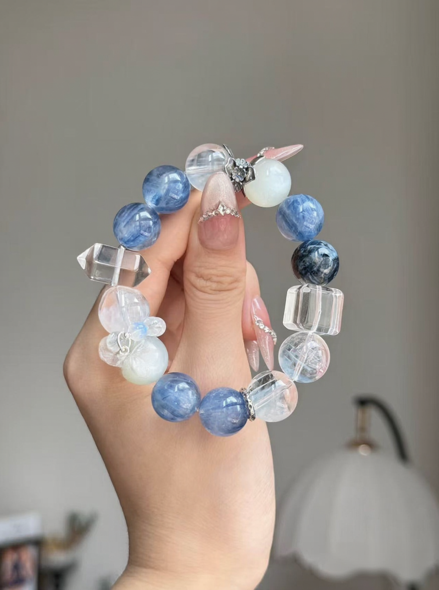 Full View of Metal-Water "With Sea" Bracelet, Blue Moonstone & Clear Quartz Main Tone, Metal-Water Ocean Symphony