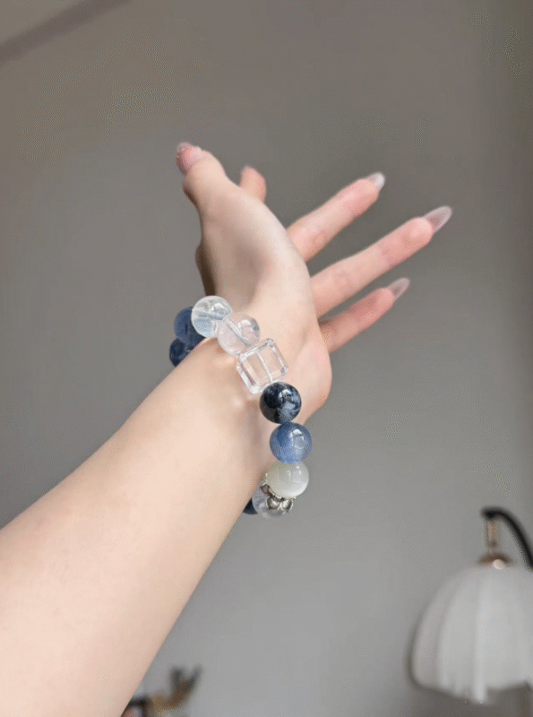 Close-Up of Metal-Water "With Sea" Bracelet, 925 Silver Butterfly Accent, Metal-Water Five Elements Manifestation Upgrade