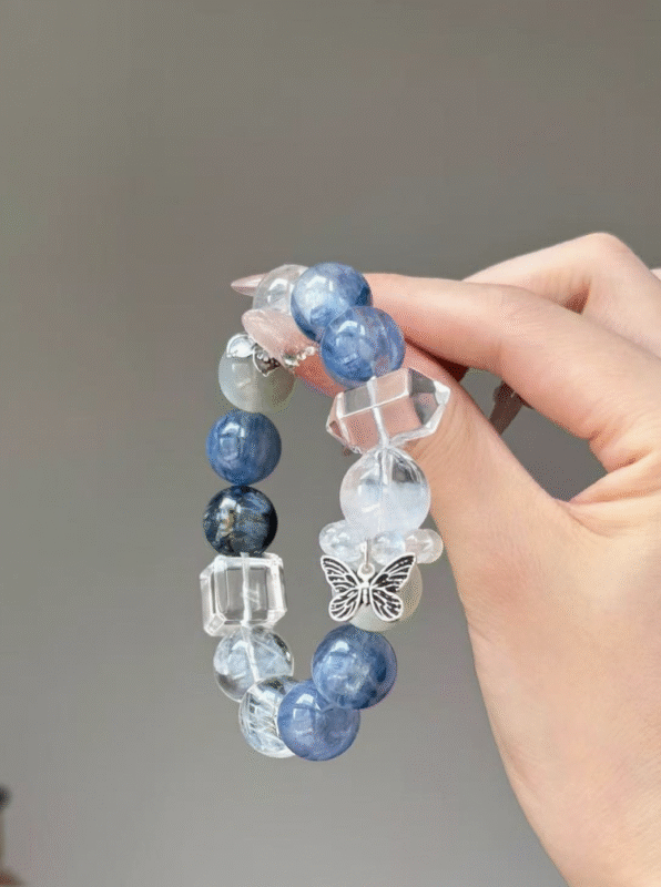 Detail of Metal-Water "With Sea" Bracelet, Blue Needle & Jadeized Kyanite Texture, Metal-Water Cycle Drives Spirituality