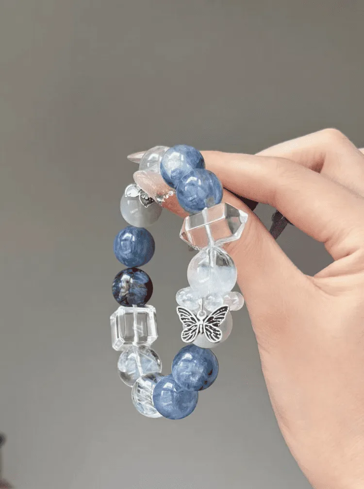 Detail of Metal-Water "With Sea" Bracelet, Blue Needle & Jadeized Kyanite Texture, Metal-Water Cycle Drives Spirituality