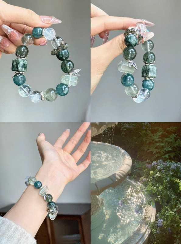 Full View of Wood-Water "Green Ripple" Bracelet, Green Phantom & Aquamarine Main Tone, Wood-Water Ocean Symphony