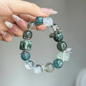 Close-Up of Wood-Water "Green Ripple" Bracelet, 925 Silver Accents, Wood-Water Five Elements Manifestation Upgrade
