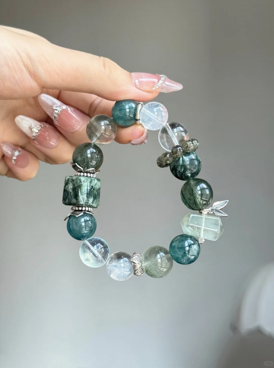 Close-Up of Wood-Water "Green Ripple" Bracelet, 925 Silver Accents, Wood-Water Five Elements Manifestation Upgrade