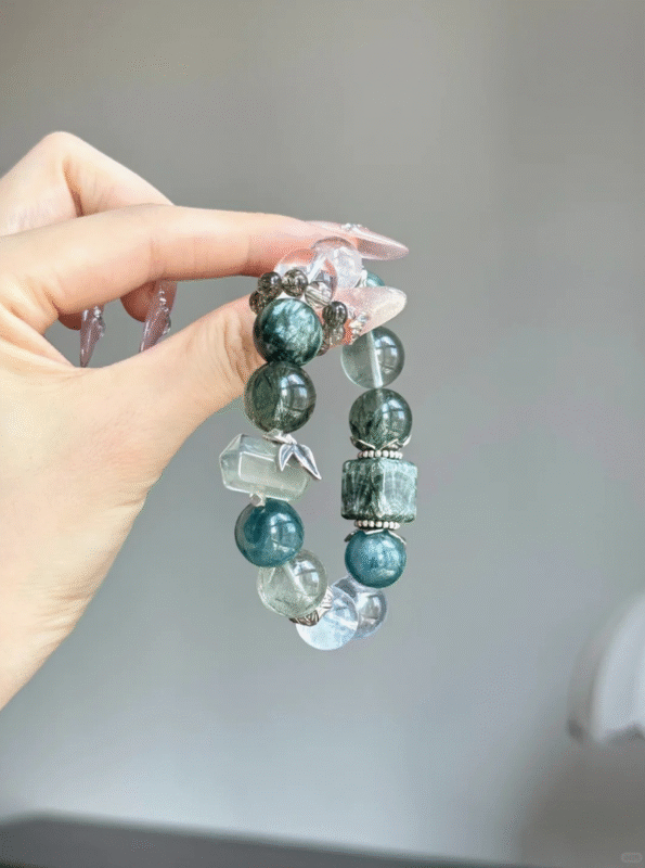 Detail of Wood-Water "Green Ripple" Bracelet, Green Tourmaline Rutilated & Blue Needle Texture, Wood-Water-Metal Cycle Drives Spirituality