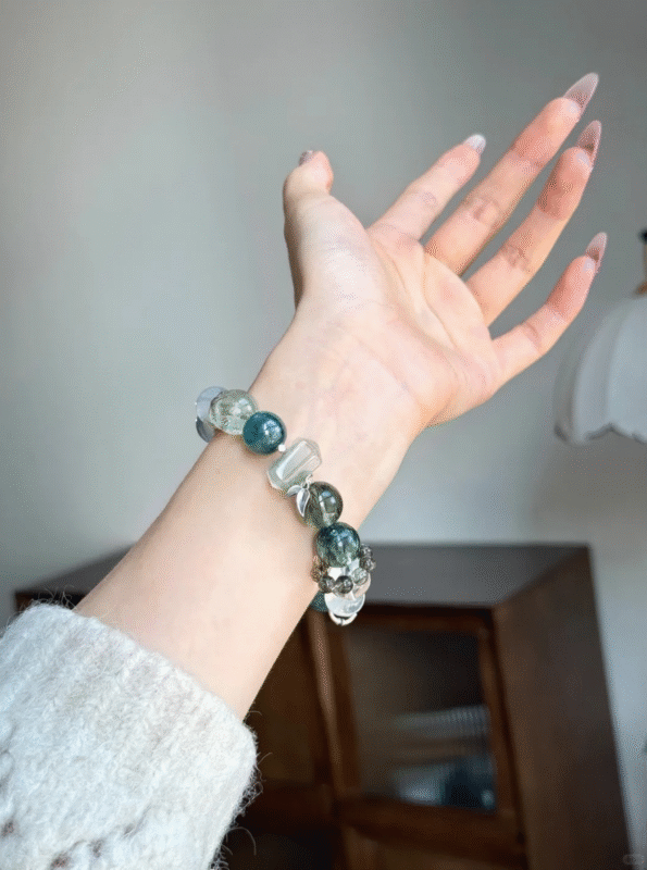 Hand-Held Wood-Water "Green Ripple" Bracelet, Aquamarine & Blue-Green Crystal Echo, Wood-Water Resonance Manifestation