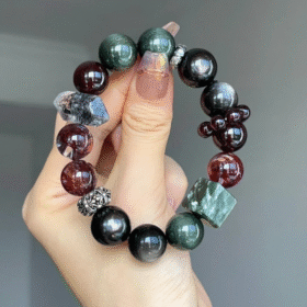 Full View of Wood-Water-Fire "Midnight Blaze" Bracelet, Green Dragon Crystal & Garnet Main Tone, Dark Five Elements Symphony