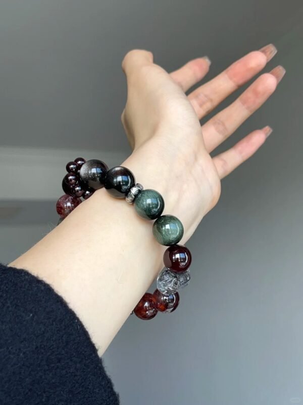 Close-Up of Wood-Water-Fire "Midnight Blaze" Bracelet, 925 Silver & Herkimer Diamond Accents, Wood-Water-Fire Five Elements Manifestation Upgrade