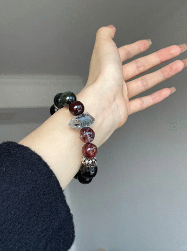 Detail of Wood-Water-Fire "Midnight Blaze" Bracelet, Actinolite & Silver Obsidian Texture, Wood-Water-Fire Cycle Drives Spirituality