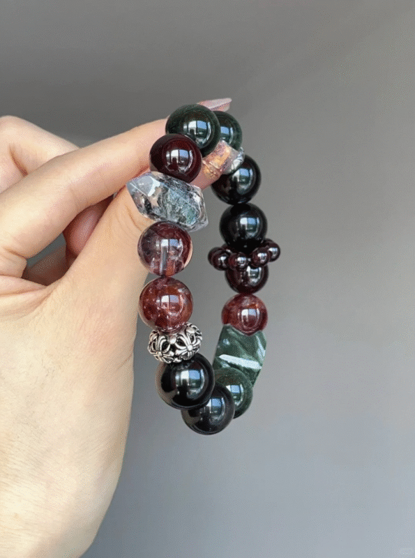 Hand-Held Wood-Water-Fire "Midnight Blaze" Bracelet, Gold Luck Stone & Red Fire Quartz Echo, Wood-Water-Fire Resonance Manifestation