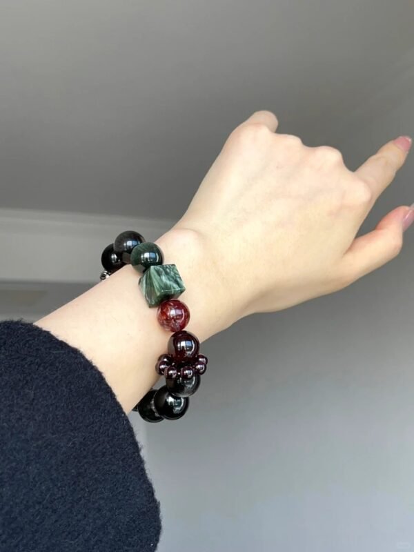 Wrist-Worn Wood-Water-Fire "Midnight Blaze" Bracelet, Green Dragon Crystal & Garnet Weave, Wood-Water-Fire Energy Awakening