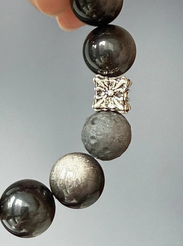Close-up of Silver Obsidian "Moonlit Night" Bracelet, Silver Obsidian Meteorite & Silver Accents, Water-Metal Elements Upgrade Protection