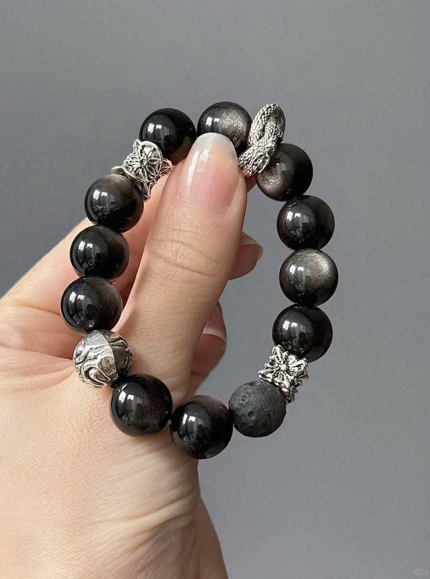 Detail of Silver Obsidian "Moonlit Night" Bracelet, Luster & Meteorite Crater Texture, Water-Metal Cycle Drives Defense
