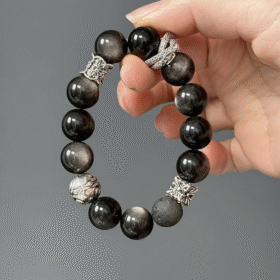 Hand-held Silver Obsidian "Moonlit Night" Bracelet, Silver Dragon & Carved Beads Echo, Water-Metal Resonance Manifestation