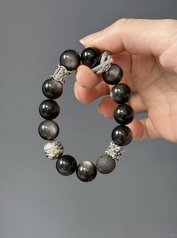Hand-held Silver Obsidian "Moonlit Night" Bracelet, Silver Dragon & Carved Beads Echo, Water-Metal Resonance Manifestation