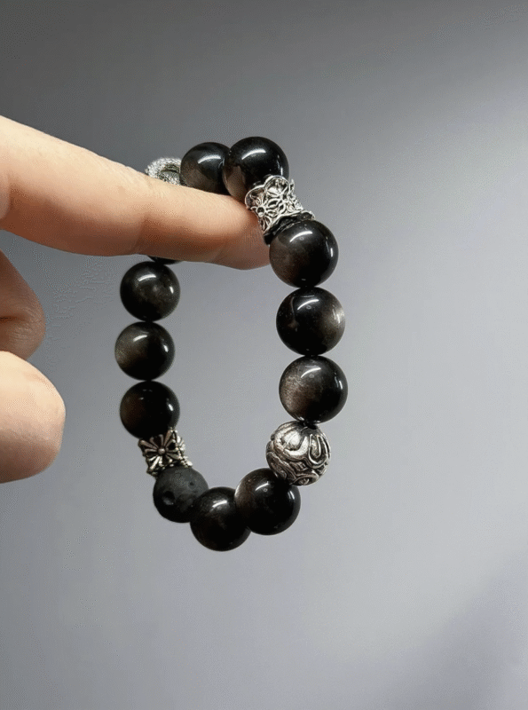 Wrist-worn Silver Obsidian "Moonlit Night" Bracelet, Silver Obsidian & Silver Obsidian Meteorite Weave, Water-Metal Energy Protection