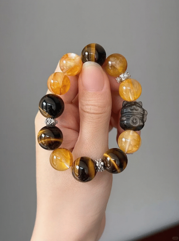 Full View of Yellow Flame Quartz & Lightning Tiger Eye Bracelet, Yellow Flame Quartz, Tiger Eye & Lucky Cat, Earth-Water-Metal Protection & Manifestation
