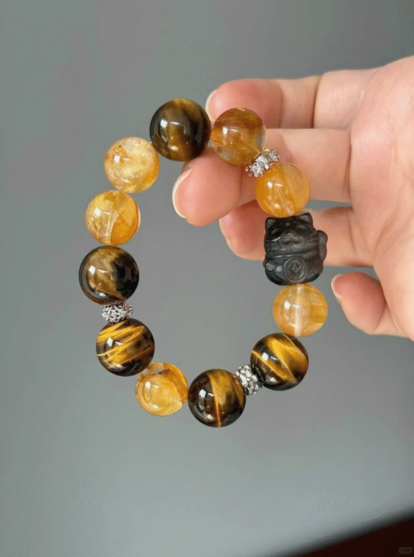 Close-up of Yellow Flame Quartz & Lightning Tiger Eye Bracelet, Tiger Eye & Yellow Flame Quartz, Earth-Fire-Metal Elements Upgrade