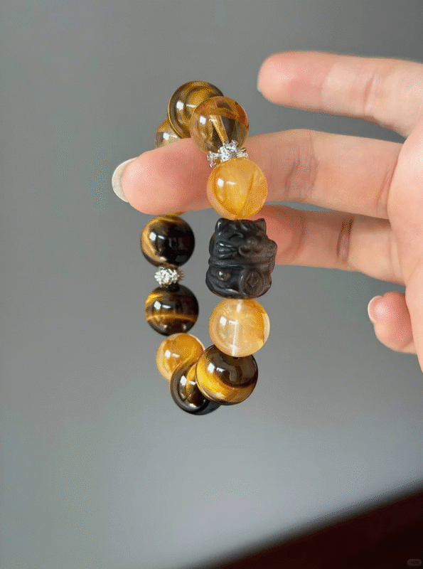 Detail of Yellow Flame Quartz & Lightning Tiger Eye Bracelet, Silver Obsidian Cat Texture & Luster, Earth-Water Cycle Purification