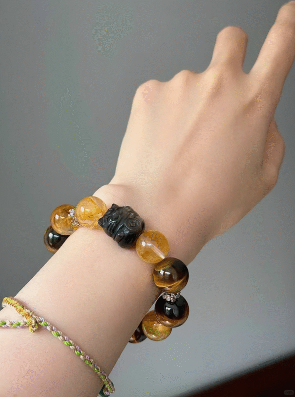 Hand-held Yellow Flame Quartz & Lightning Tiger Eye Bracelet, Silver Accents Echo, Earth-Fire Resonance Manifestation