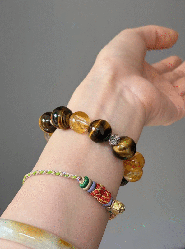 Wrist-worn Yellow Flame Quartz & Lightning Tiger Eye Bracelet, Silver Obsidian Lucky Cat Accent, Earth-Water-Metal Energy Awakening