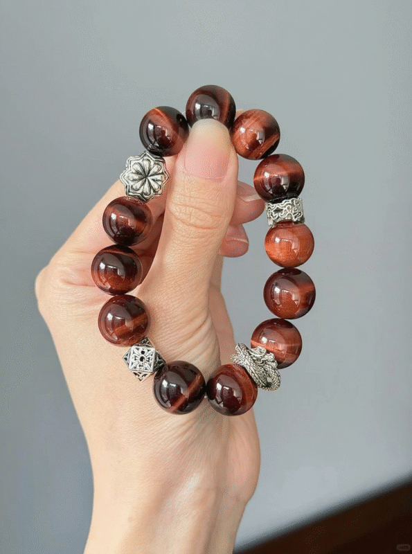 Close-up of Red Tiger Eye Bracelet, Tiger Eye & Silver Dragon, Fire-Metal Courage Awakening