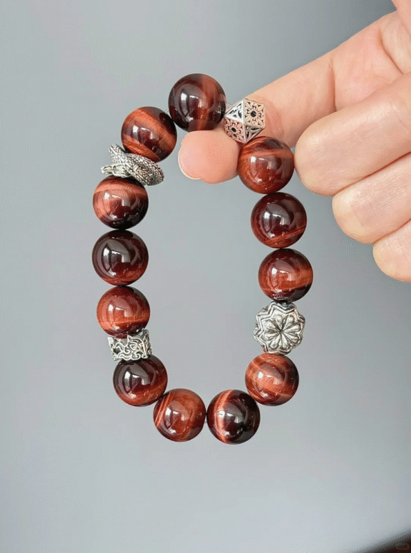 Full View of Red Tiger Eye Bracelet, Tiger Eye & Silver, Fire-Metal Protection