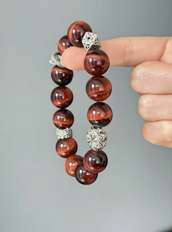 Close-up of Red Tiger Eye Bracelet, Tiger Eye & Silver Accents, Fire-Metal Elements Upgrade